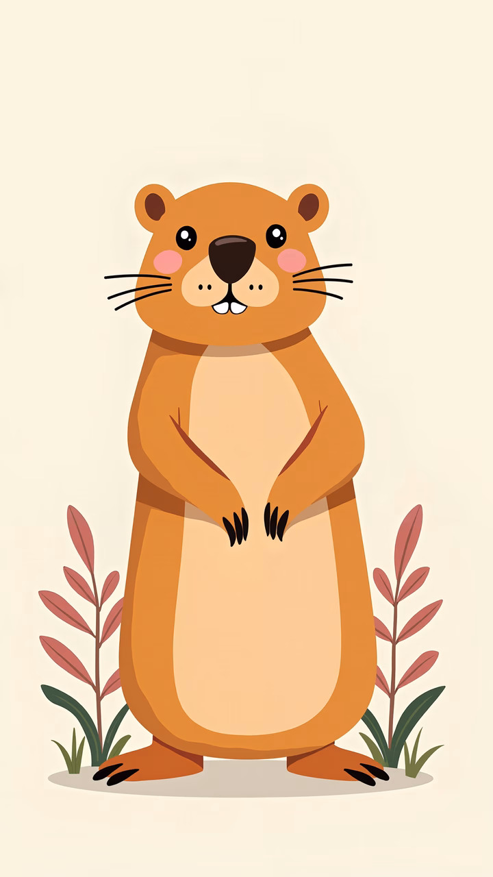 A cute cartoon beaver standing upright, surrounded by simple plants, perfect for children's art.