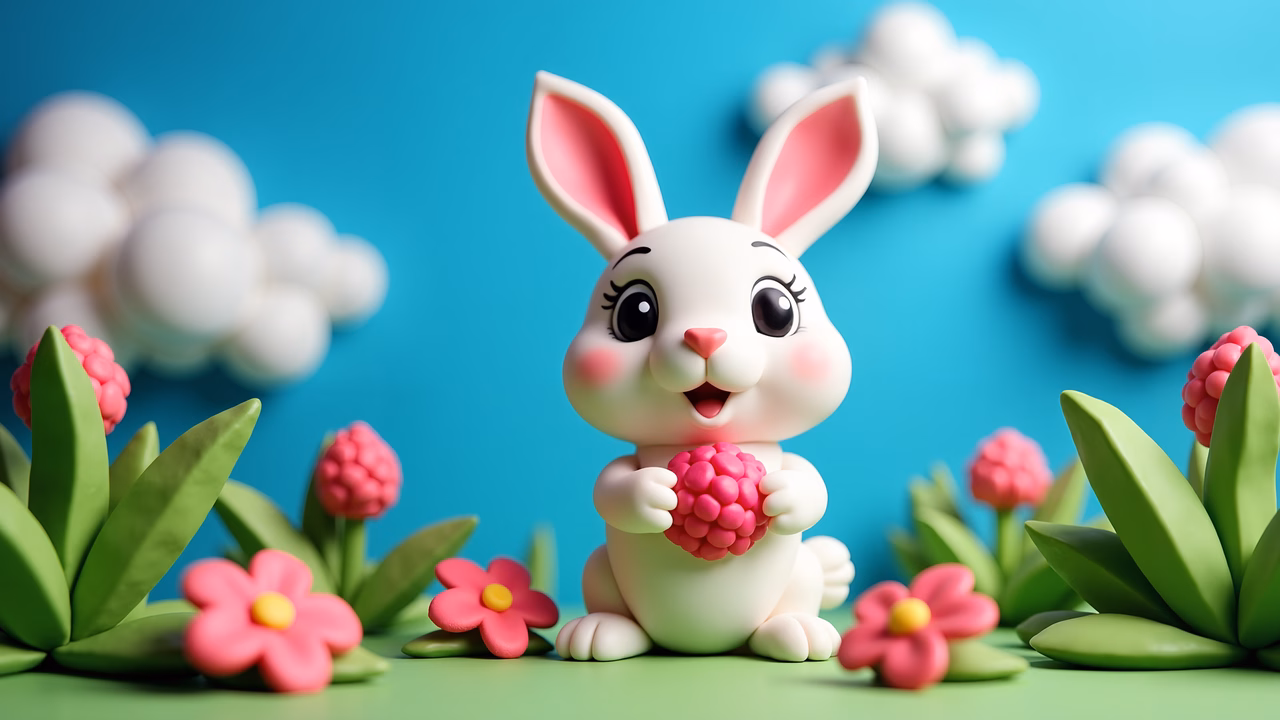 A delightful cartoon bunny holding a pink heart amidst colorful flowers and a bright blue sky.