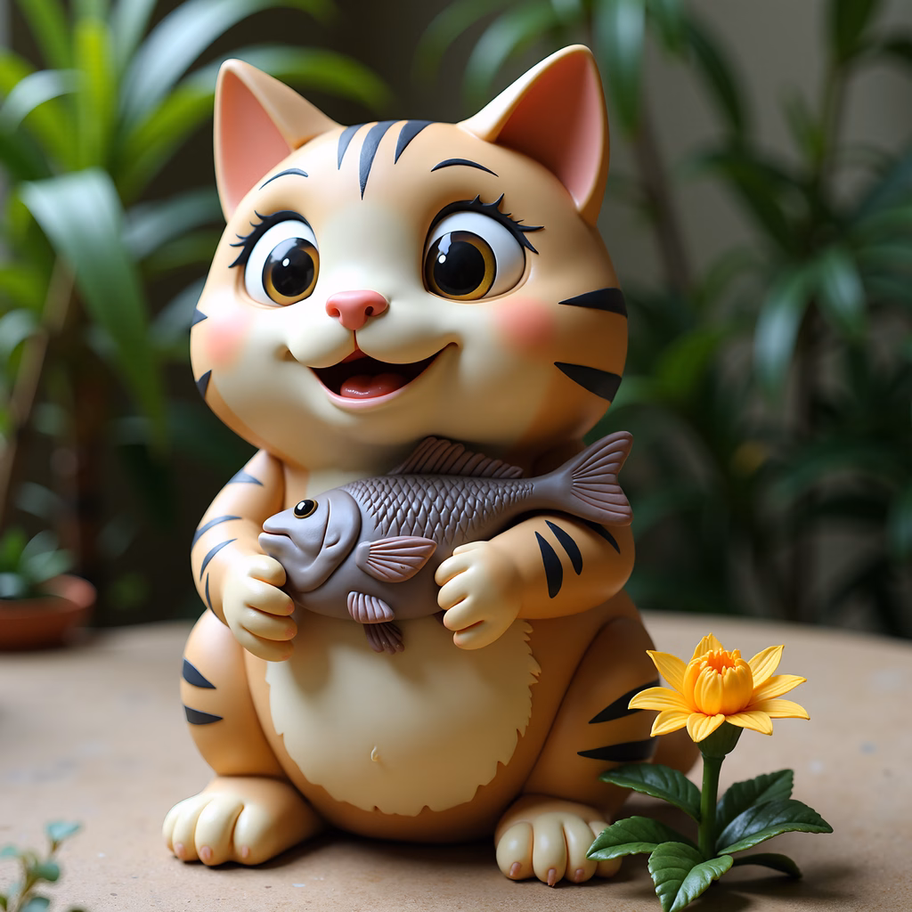 A cute cartoon cat holding a fish, surrounded by nature.