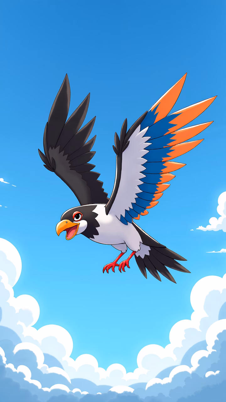 Cartoon eagle flying high against a blue sky with clouds.