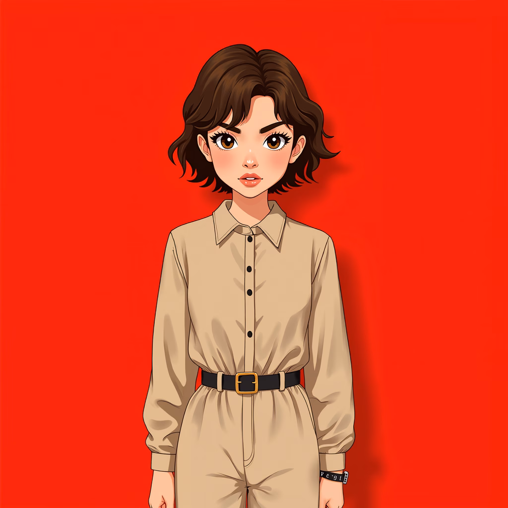 Cartoon girl in khaki outfit against a vibrant red backdrop, stylish fashion illustration.