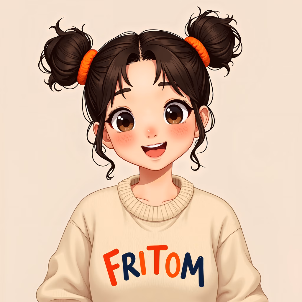 A cute cartoon girl with pigtails and a cheerful expression.