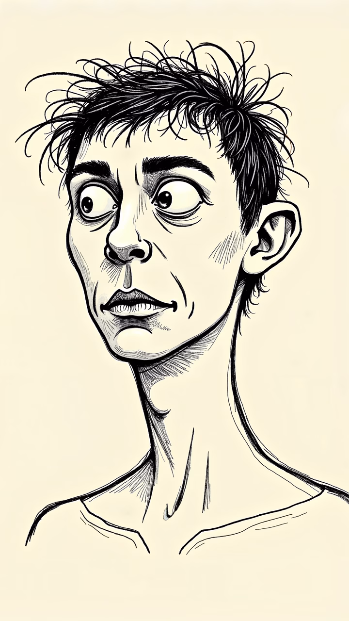Exaggerated facial features in a detailed illustration.