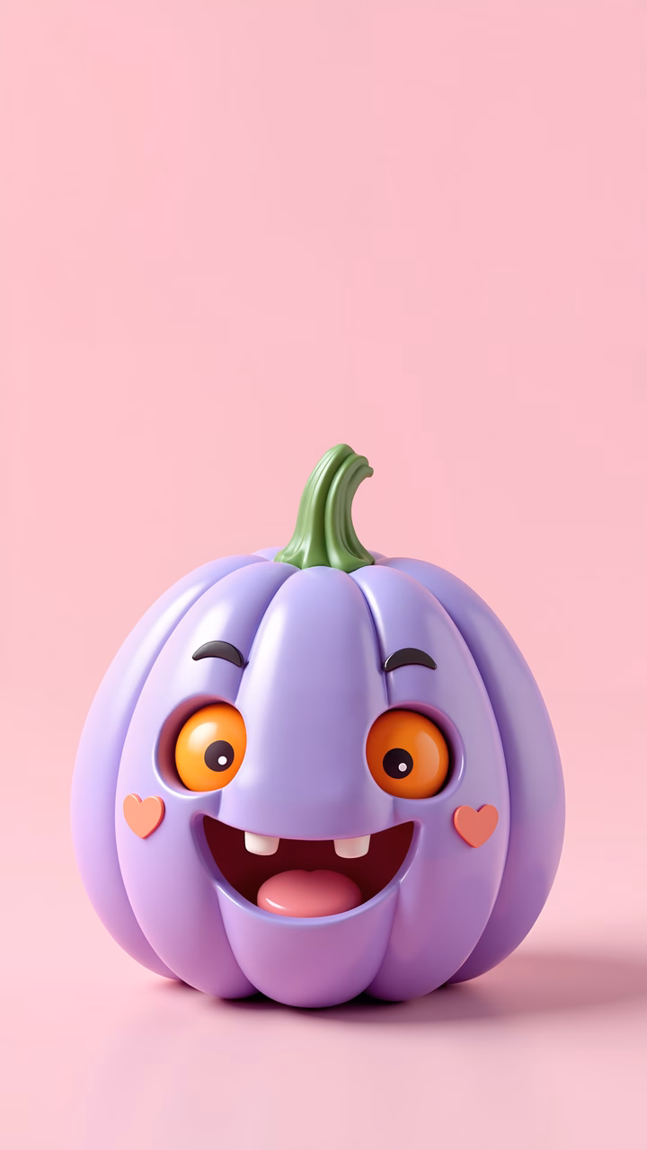 A cute, cartoonish purple pumpkin with hearts and a big smile, perfect for Halloween celebrations.