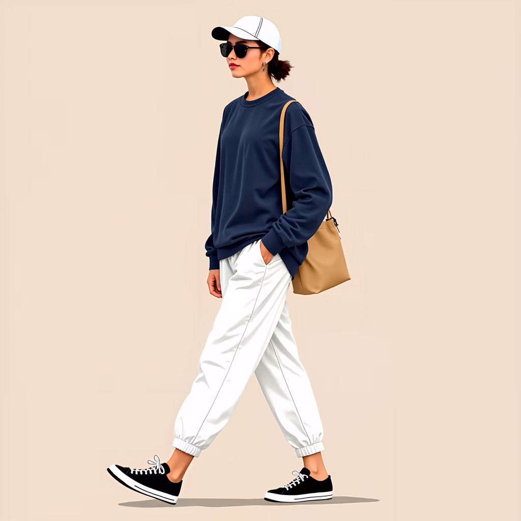 Casual street style fashion illustration featuring navy sweatshirt and white joggers.