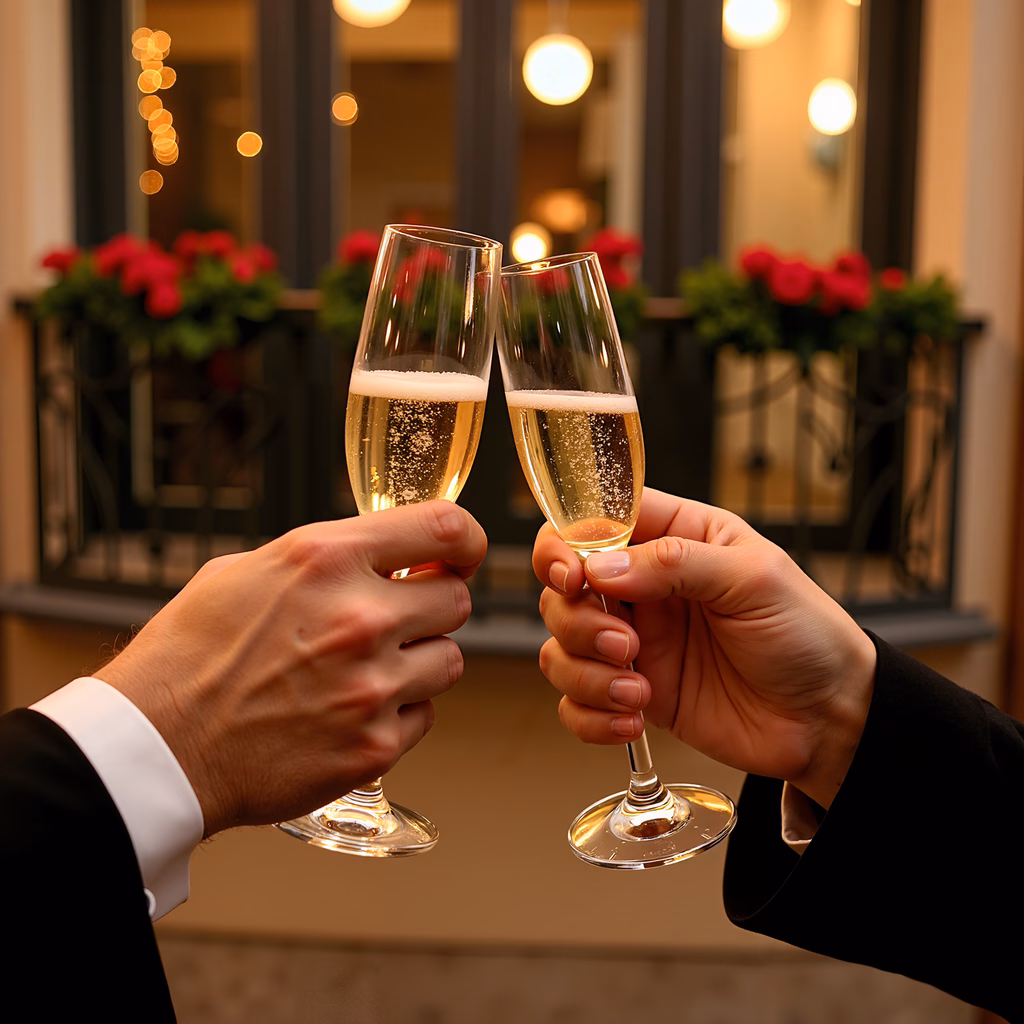 A celebratory toast captured in a warm, intimate moment.