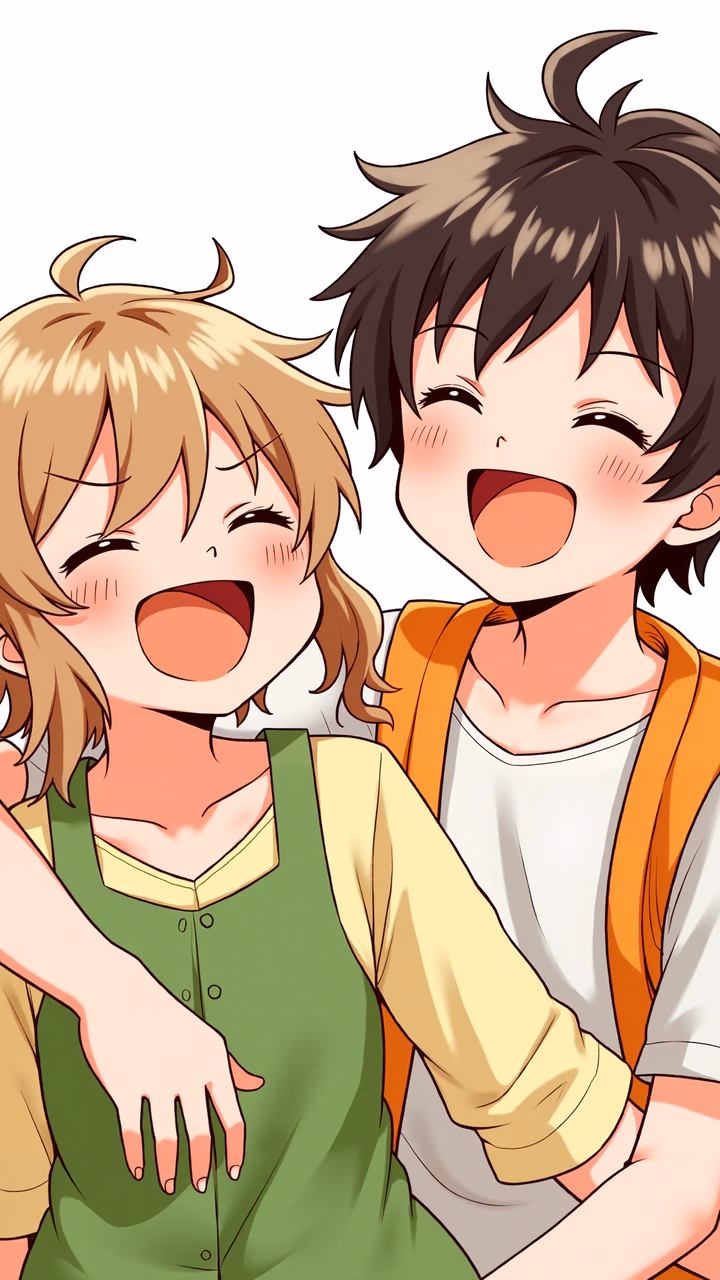 Two friends sharing a joyful moment, cheerful expressions, warm colors, friendship art