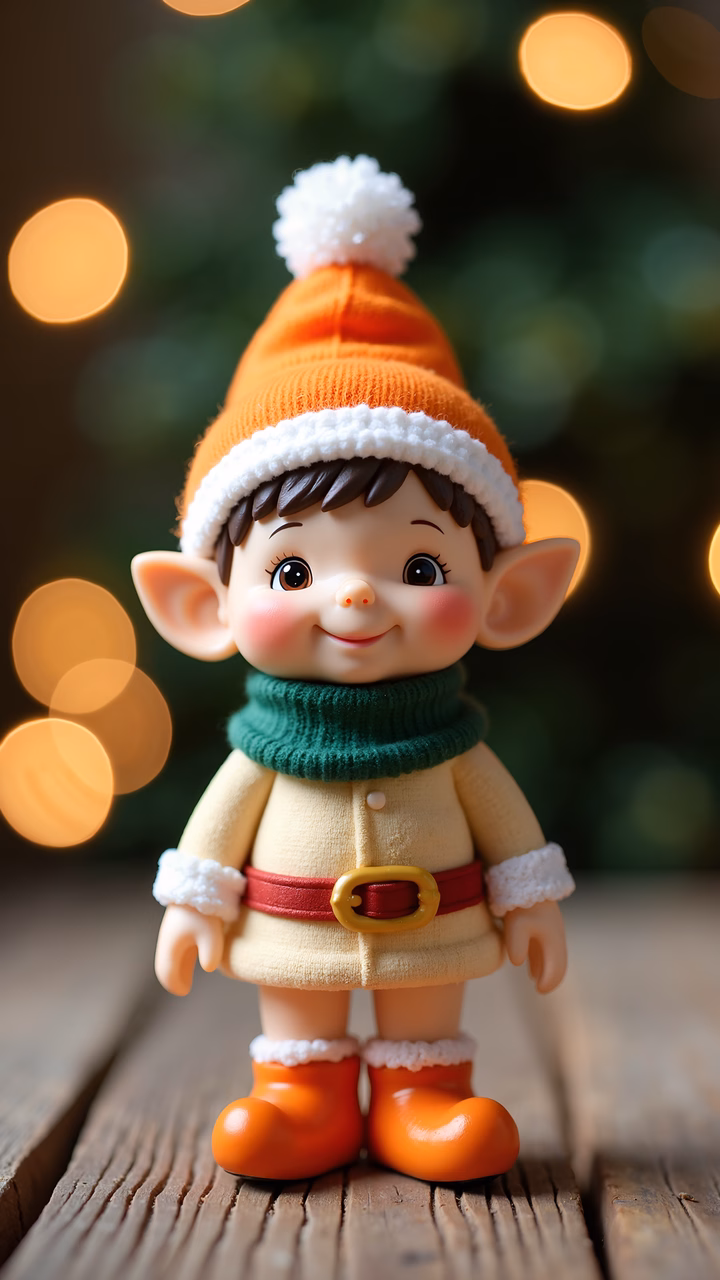 A cheerful Christmas elf in festive clothing, surrounded by warm holiday lights.