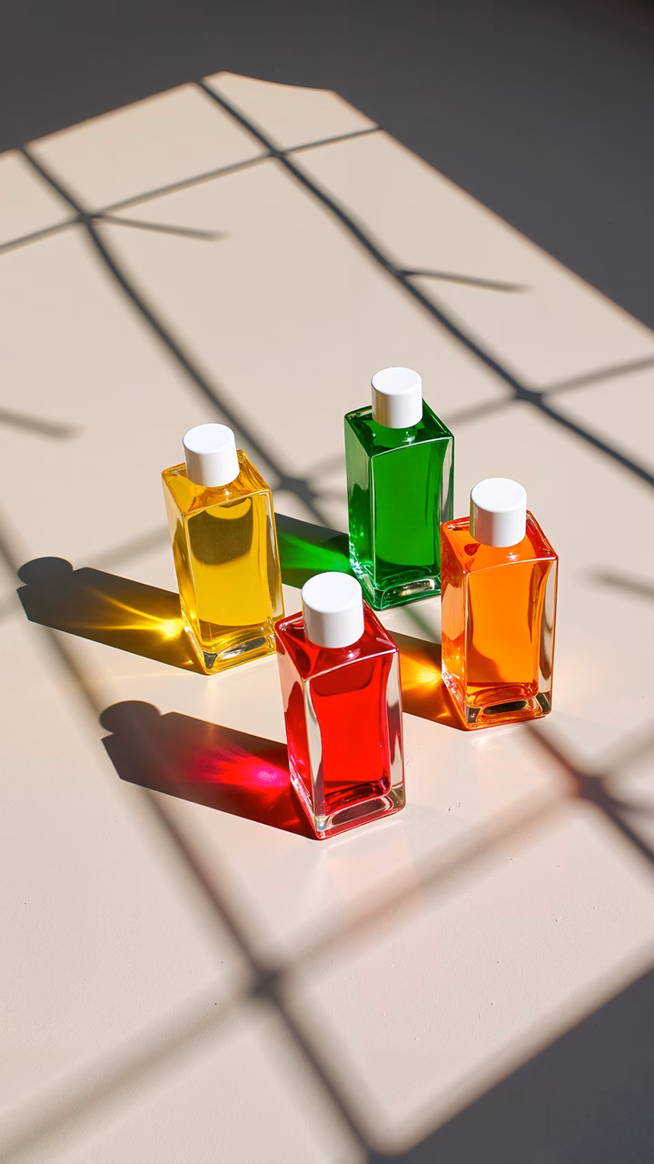 Vibrant bottles casting geometric shadows on a light surface.