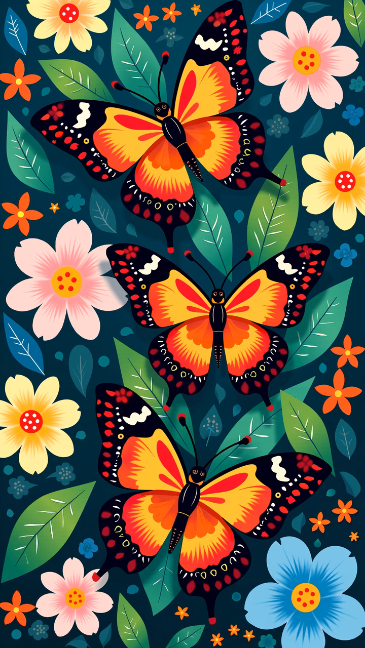 Vibrant butterflies and colorful flowers on a dark blue background.