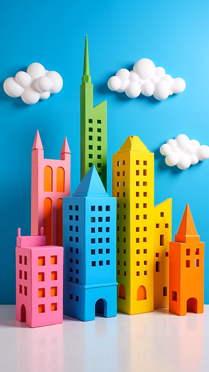 Brightly colored cityscape with playful architecture and clear skies.