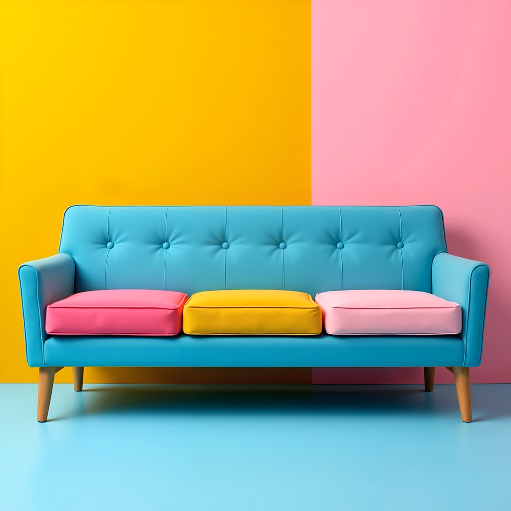 Brightly colored couch with contrasting cushions on a split background.