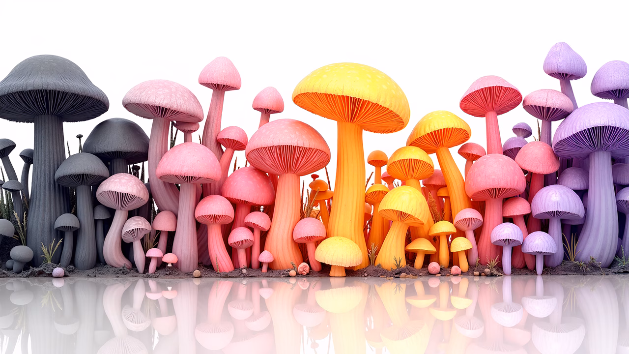 Vividly colored fantasy mushrooms in a whimsical, paper-cutout style.