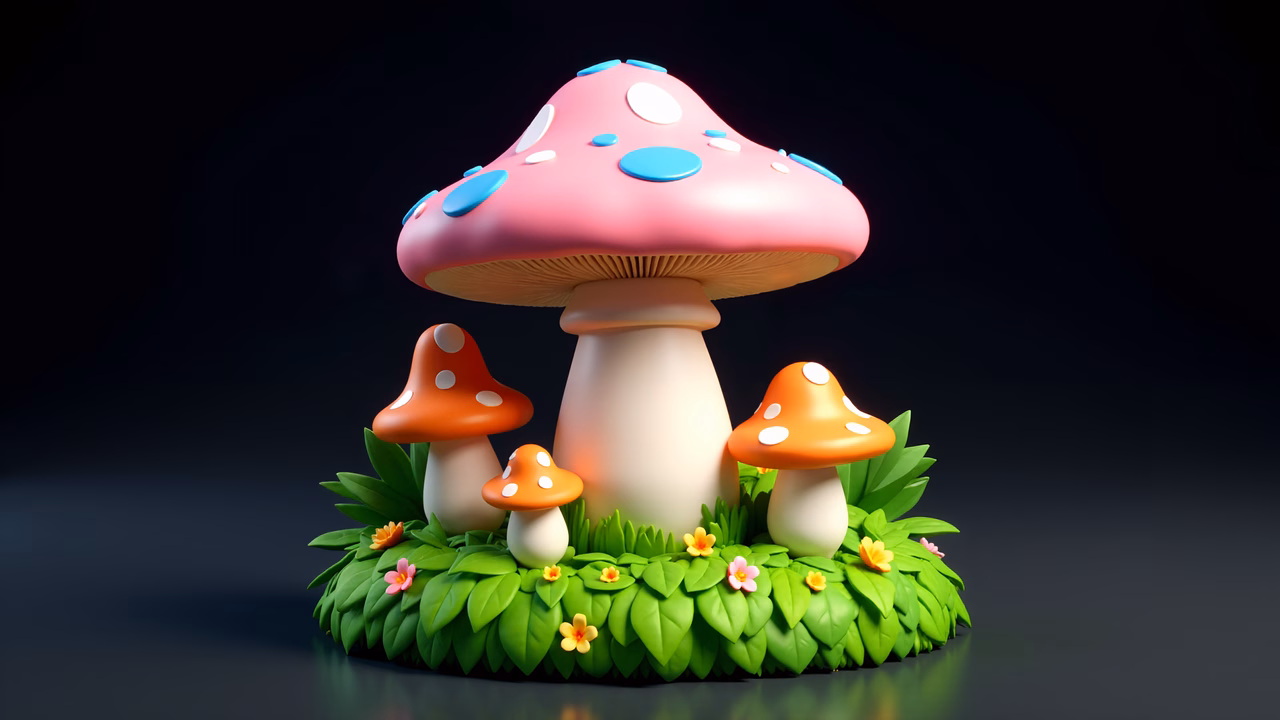 Whimsical fantasy mushrooms in a colorful, enchanted forest setting.
