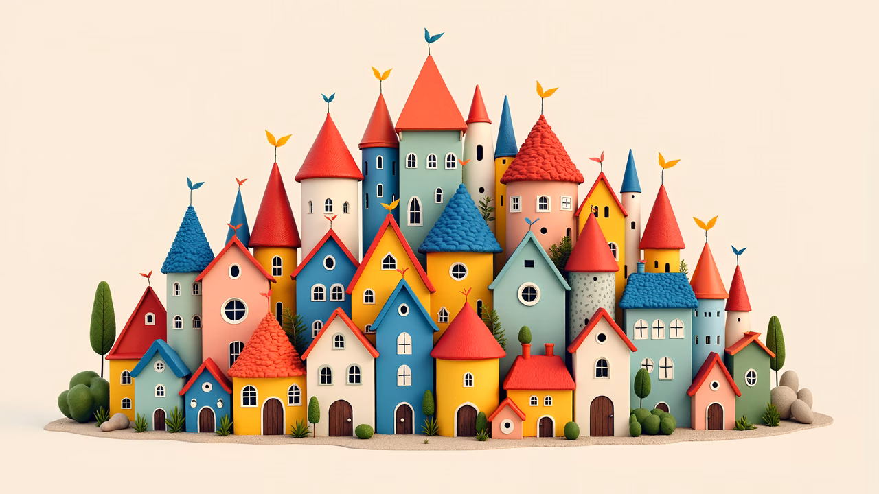 Brightly colored fantasy village with whimsical houses and lush greenery.
