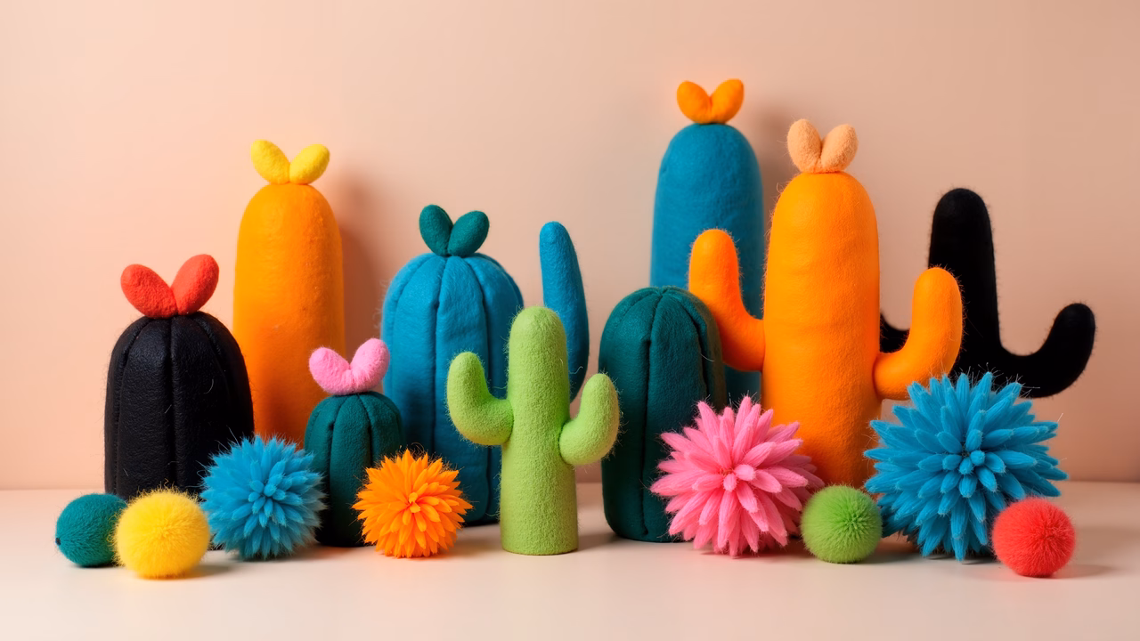 Brightly colored felt cacti with pom-pom flowers create a cheerful and imaginative scene.