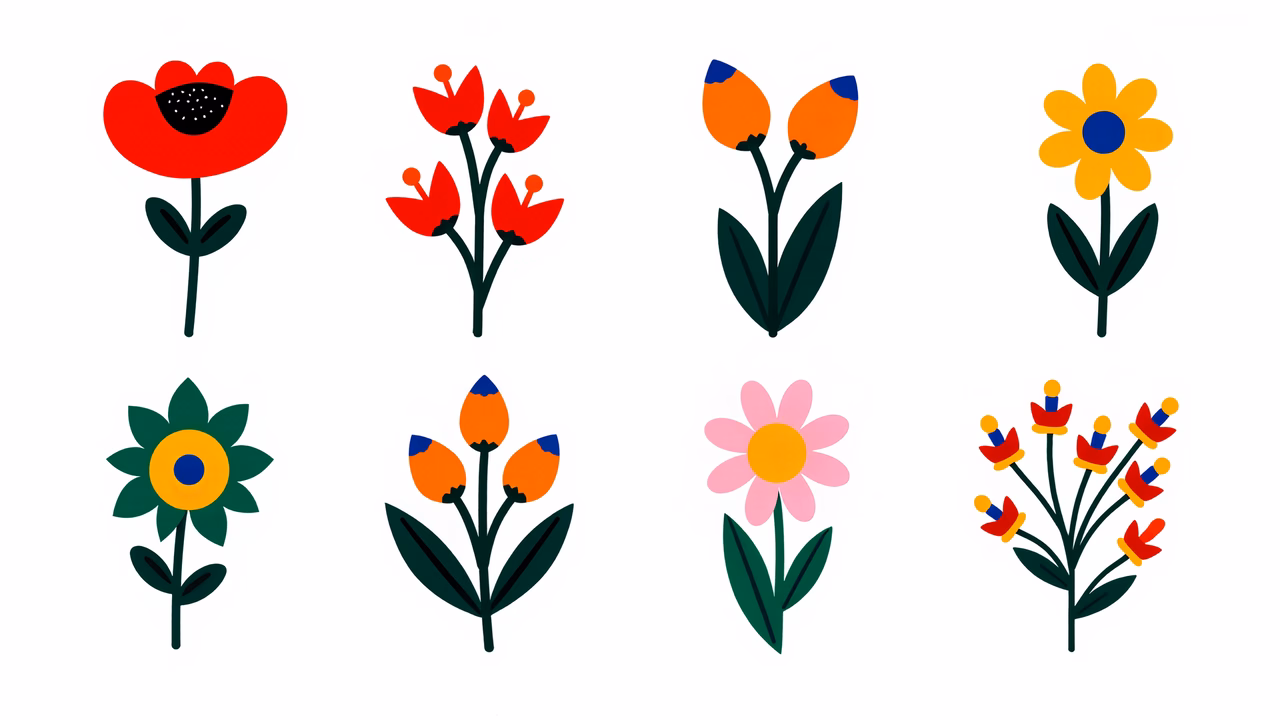 Brightly colored floral illustrations with bold outlines and flat colors.