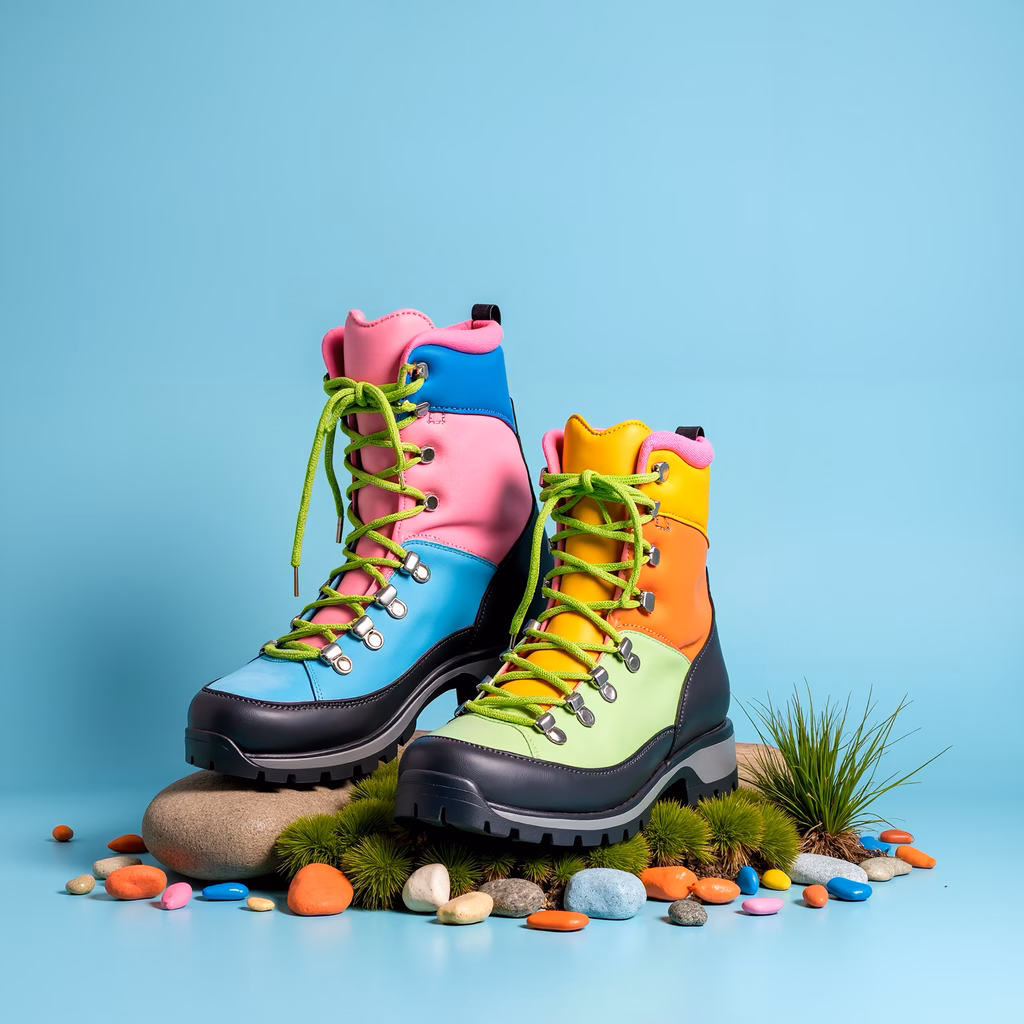 Brightly colored hiking boots with neon accents, set against a vibrant blue backdrop.