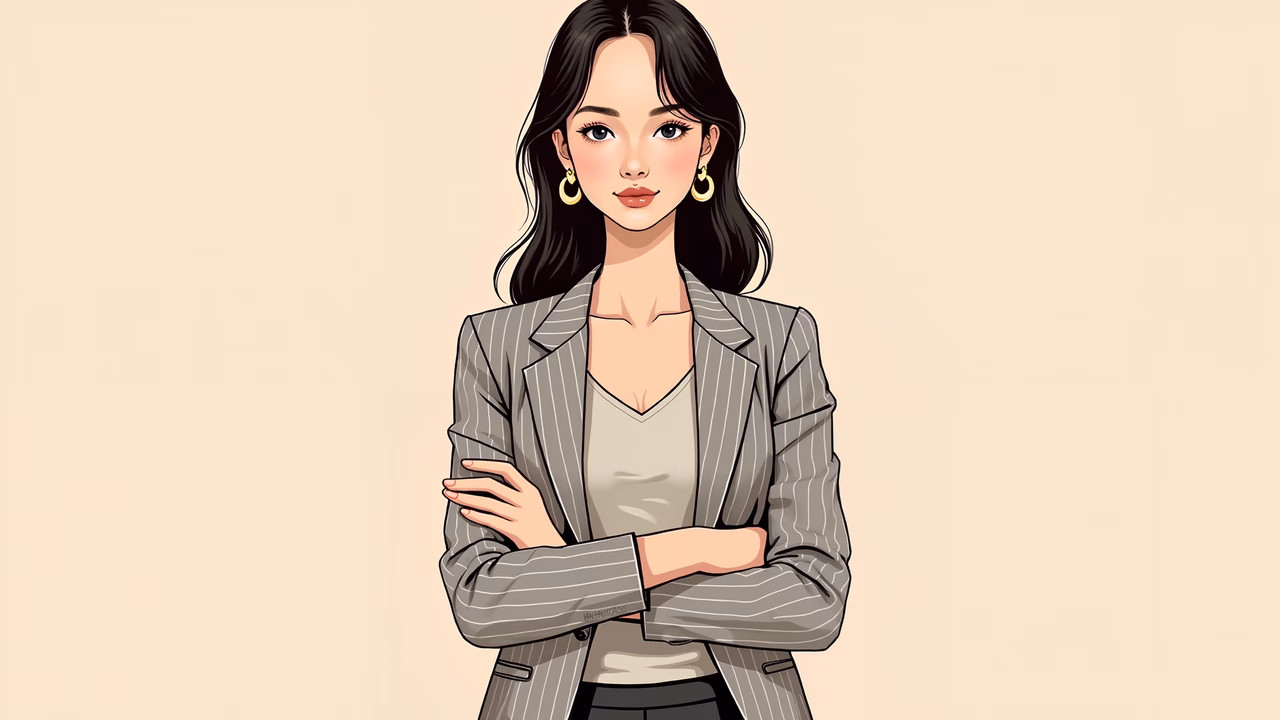 A poised professional in a pinstripe blazer, exuding confidence and sophistication.