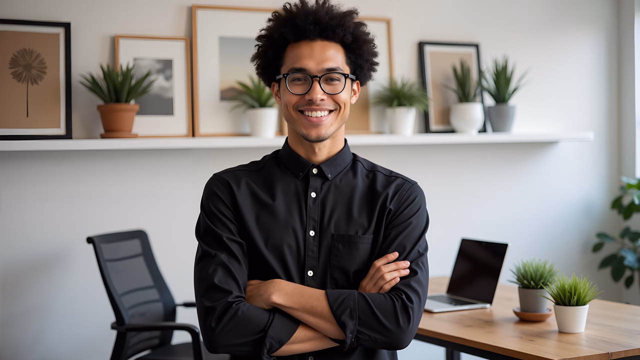 Professional portrait of a confident individual in a modern office setting.