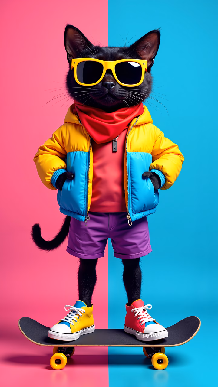 Cool cat in streetwear, colorful sneakers, sunglasses, split pink and blue background