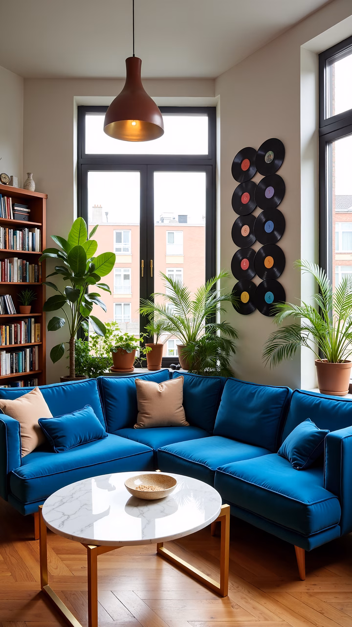 A stylish and inviting living room with a blue sofa, marble table, and urban view.