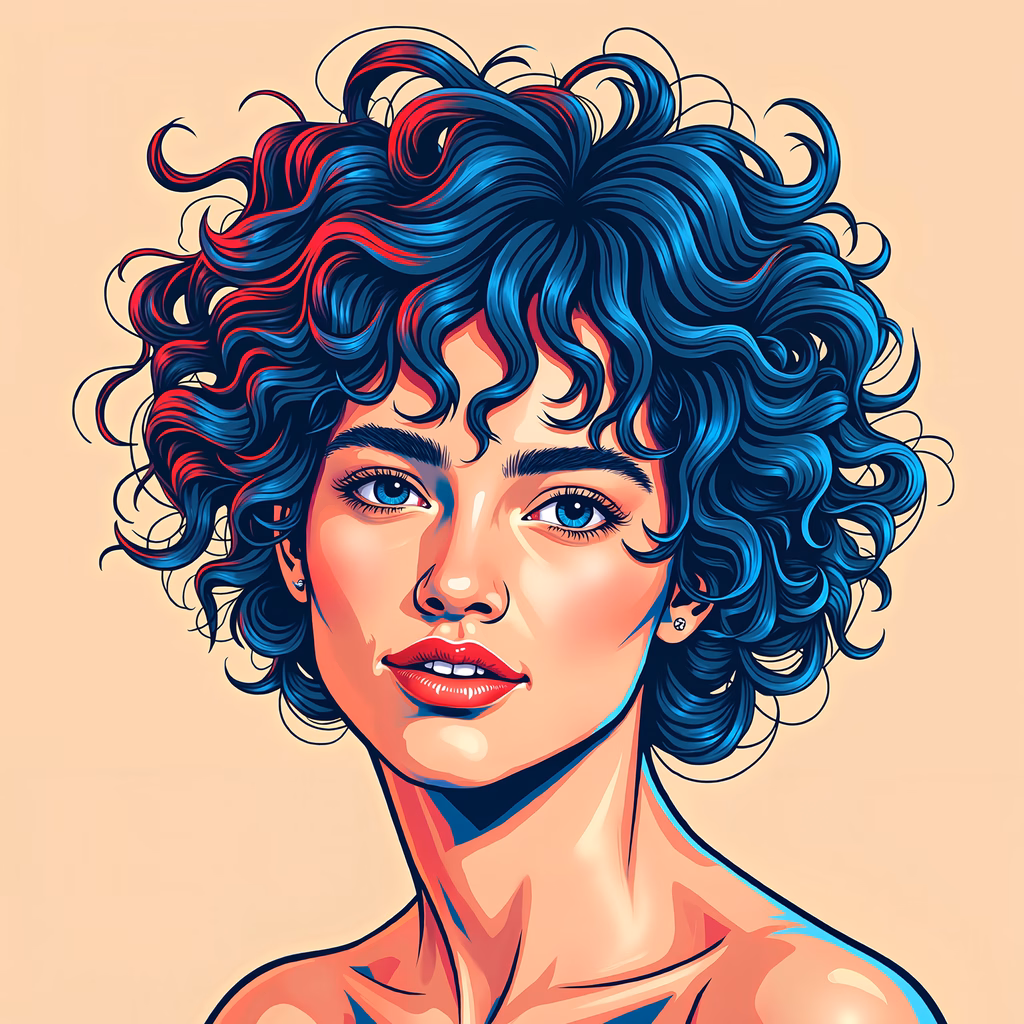 Vibrant, detailed illustration of curly hair with bold colors and dynamic texture.