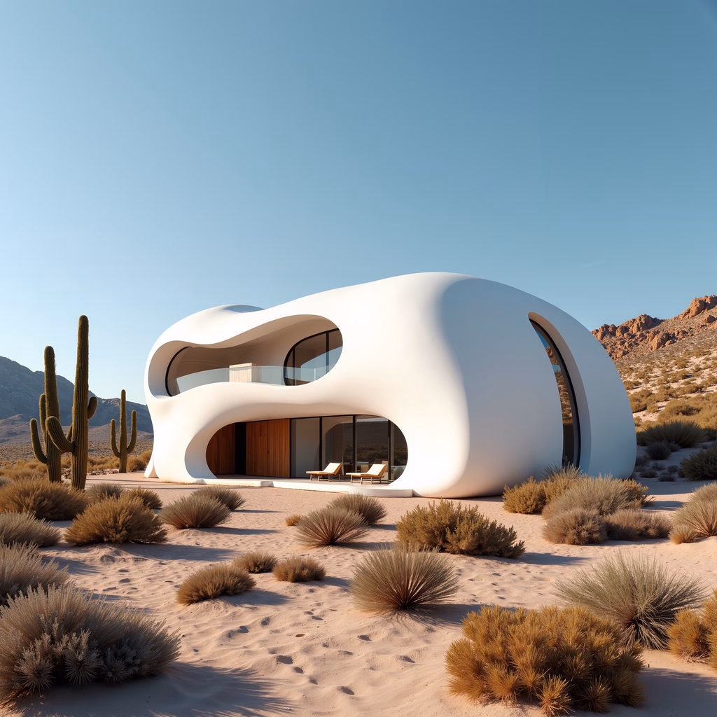 Modern, curved desert retreat with organic architecture and earthy tones.