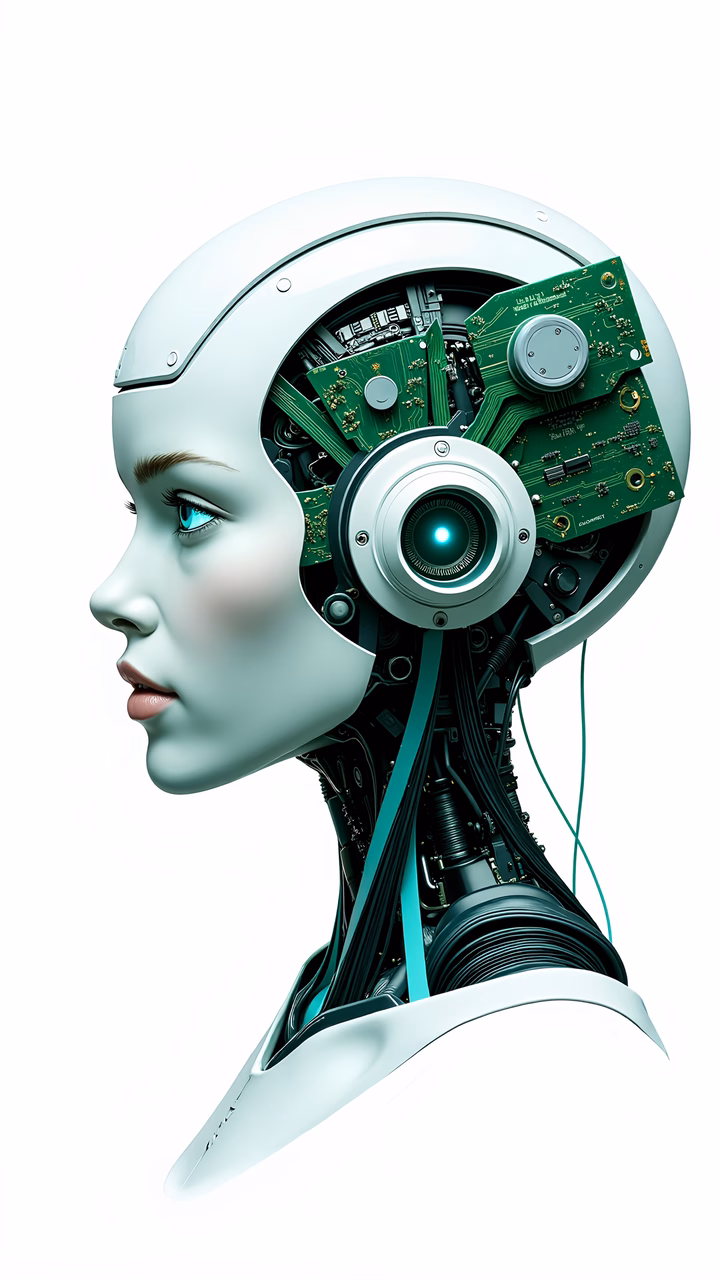 Human-like head with robotic interior, futuristic design, high-tech atmosphere, mechanical components, cool tones, artificial intelligence, curiosity, intrigue.