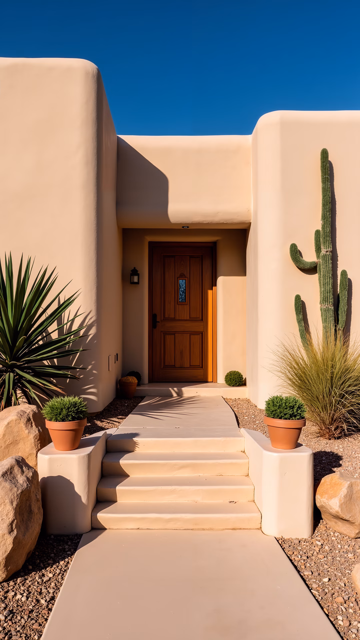 A peaceful desert entrance with adobe walls and cacti under a clear blue sky.