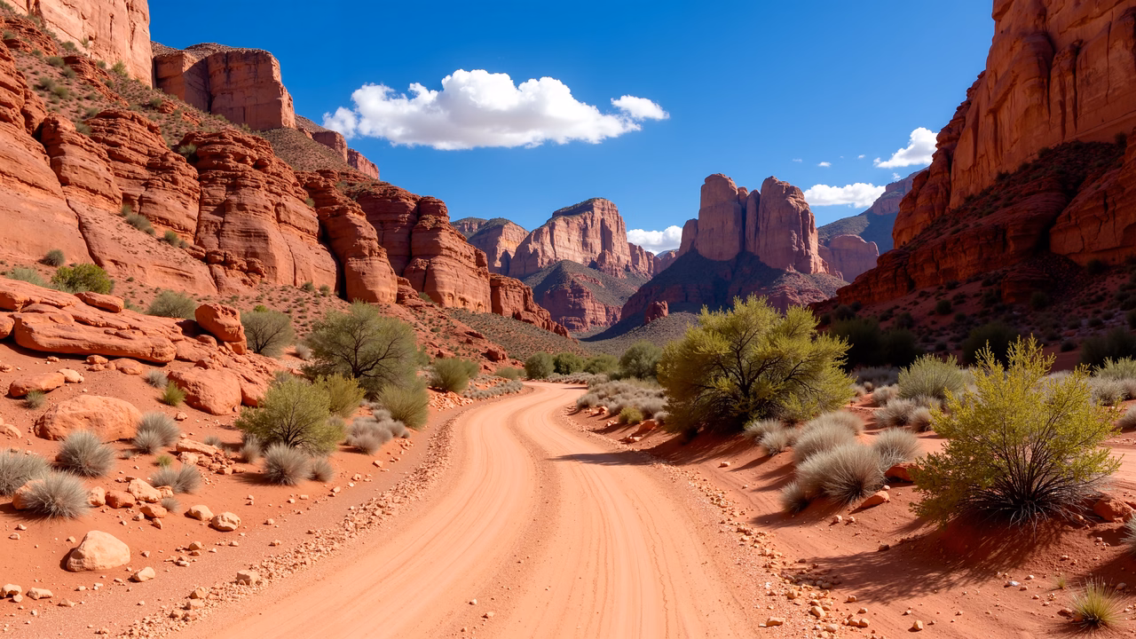 Winding dirt road through red rock canyons under a bright blue sky.