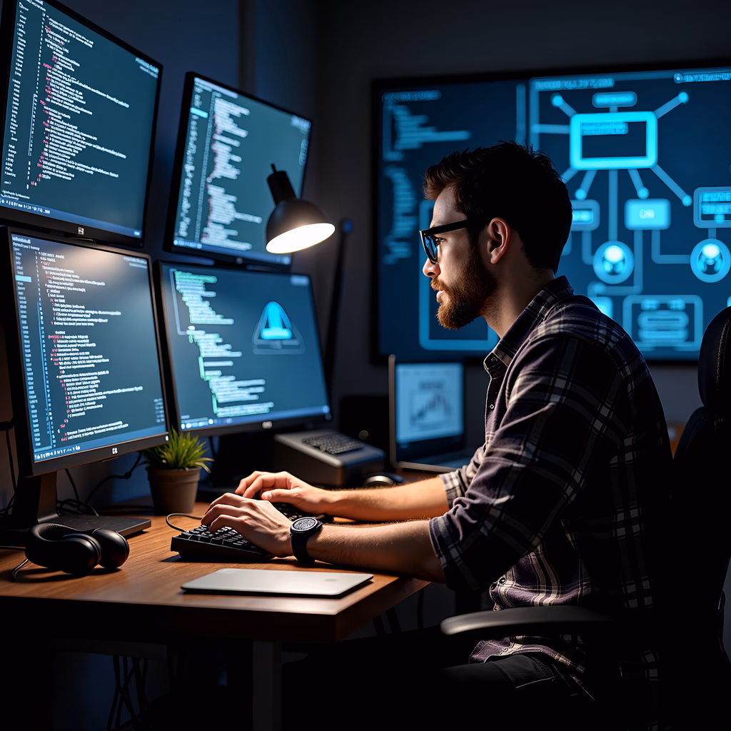 Developer working late, surrounded by code and diagrams under focused lighting.