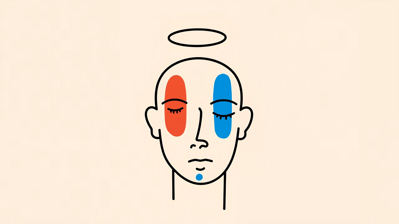 Minimalist illustration of a divided soul with contrasting colors and expressions.