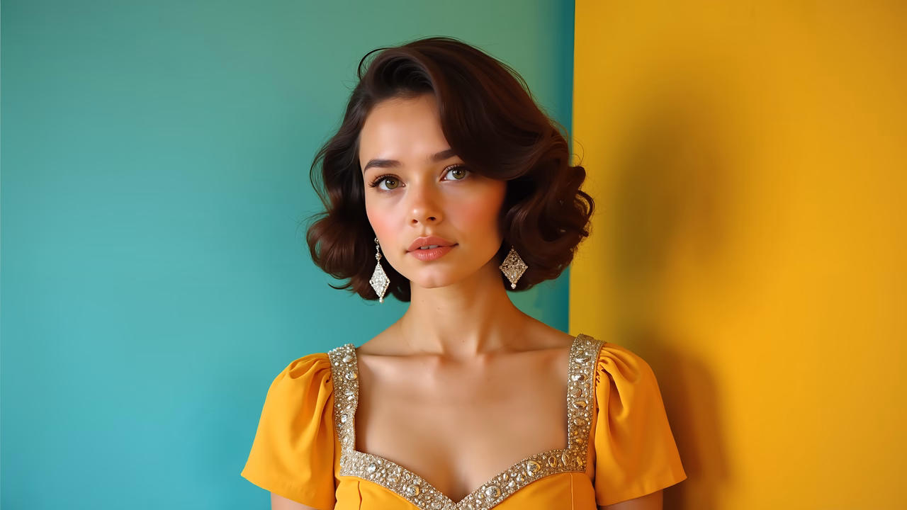 Elegant woman in a vibrant yellow dress against a contrasting turquoise and yellow background.