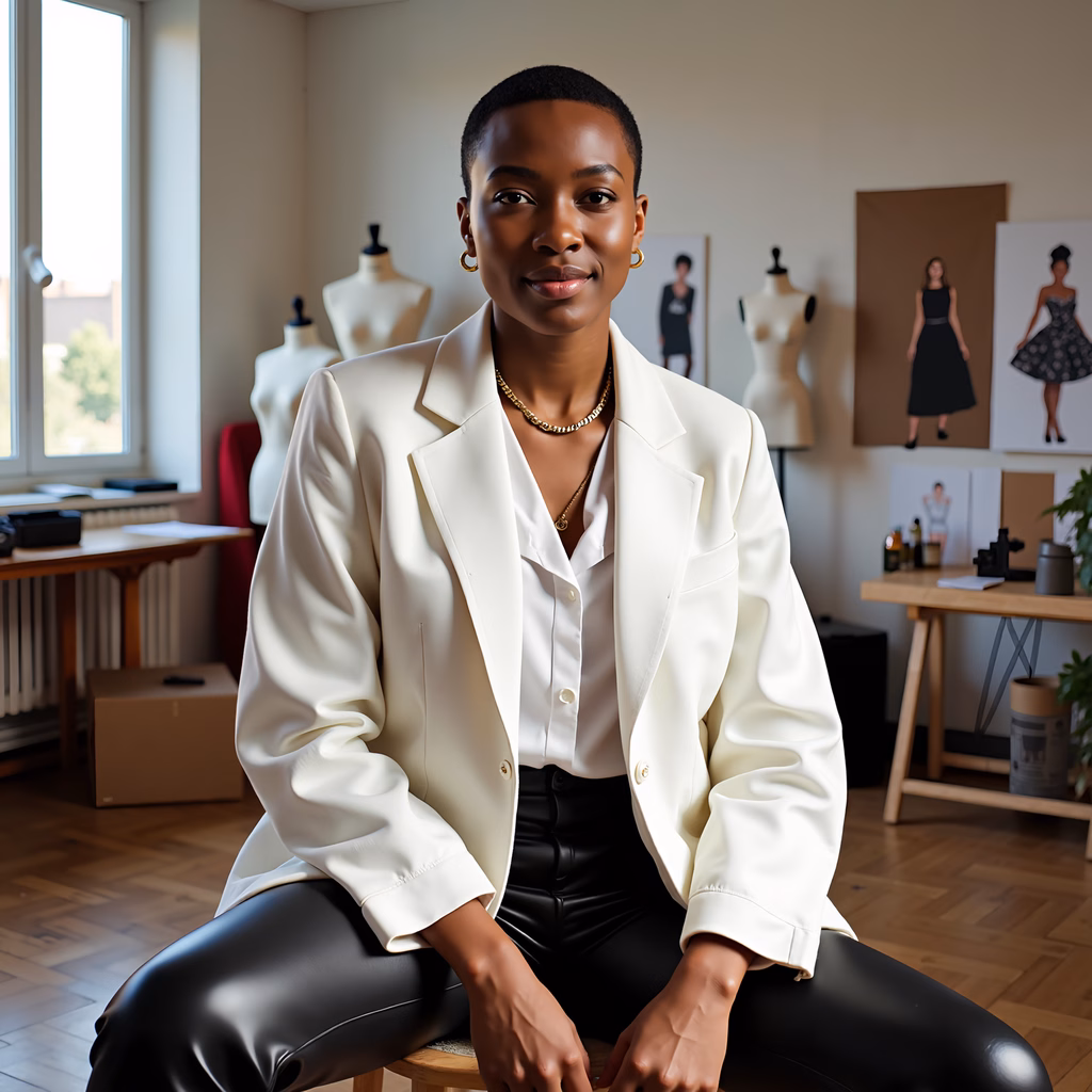 Confident fashion designer in a stylish workspace, surrounded by mannequins and natural light.