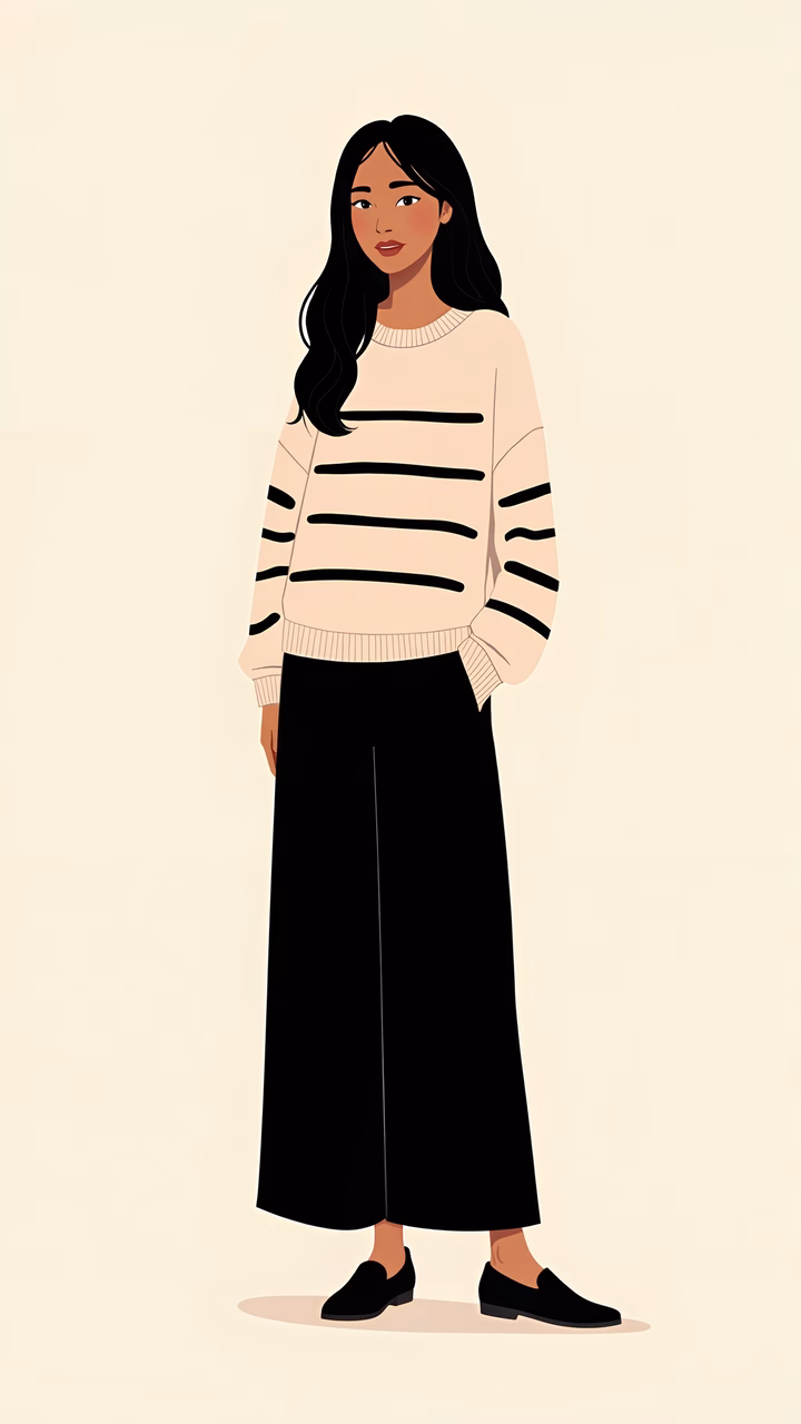 Minimalist fashion illustration of a stylishly dressed woman.