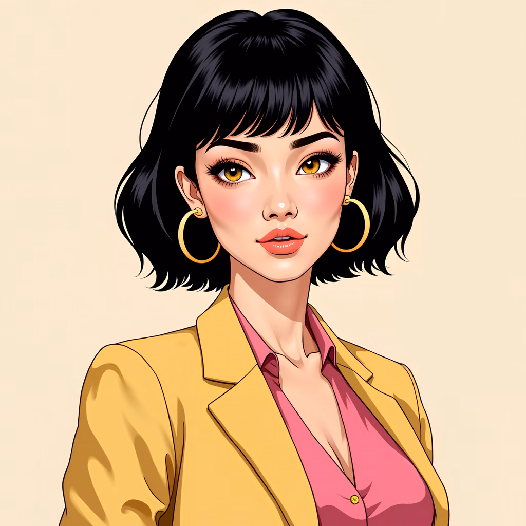 Bold fashion illustration featuring a stylish individual in a yellow blazer and pink blouse.