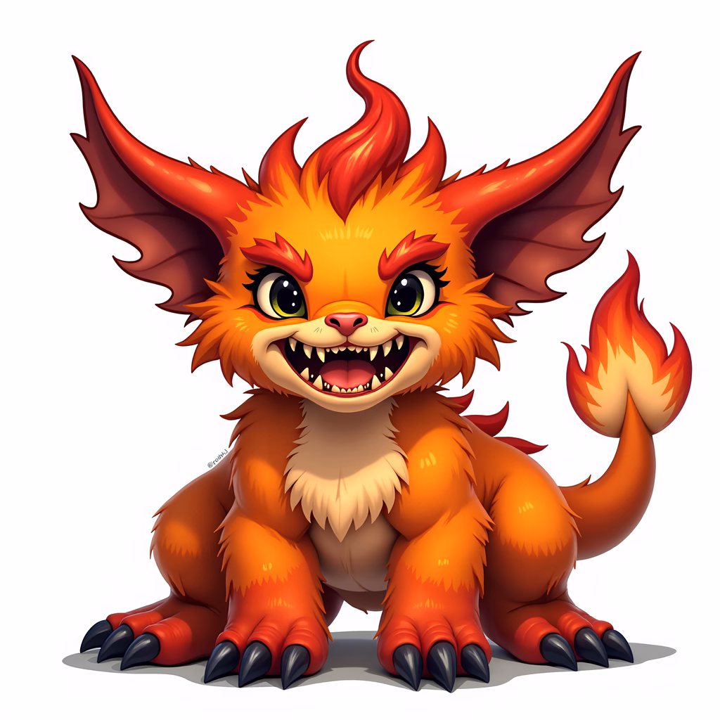 Fiery monster with glowing eyes and sharp claws, vibrant illustration.