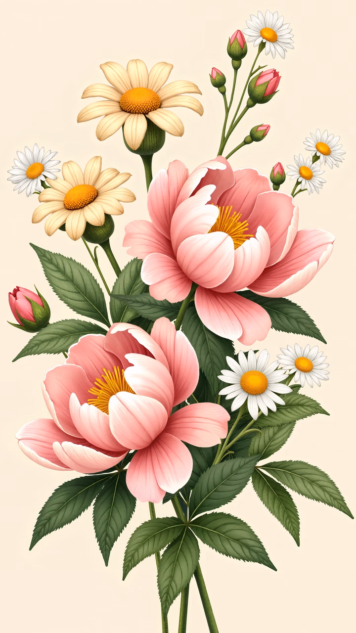A beautifully illustrated floral bouquet with soft pastel colors and detailed textures.