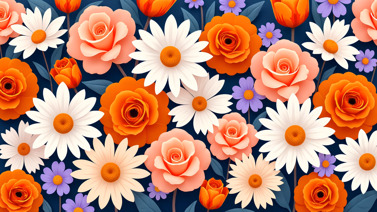 Vibrant floral illustration featuring roses and daisies on a deep blue background.