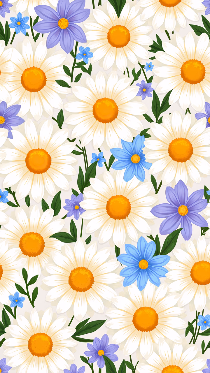 Bright floral illustration with daisies and blue flowers on a beige background.
