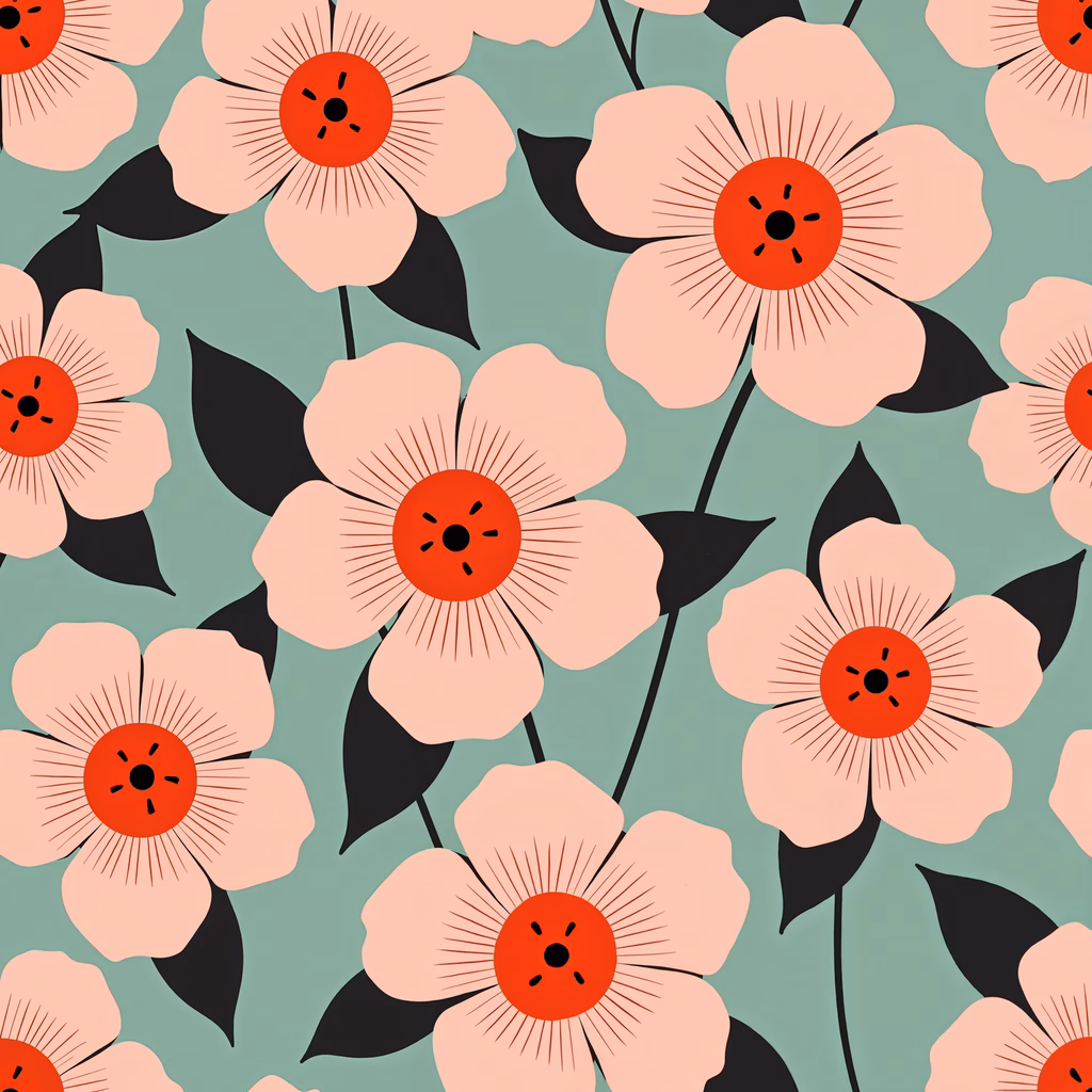 Vibrant floral pattern with red centers and pink petals on teal background.