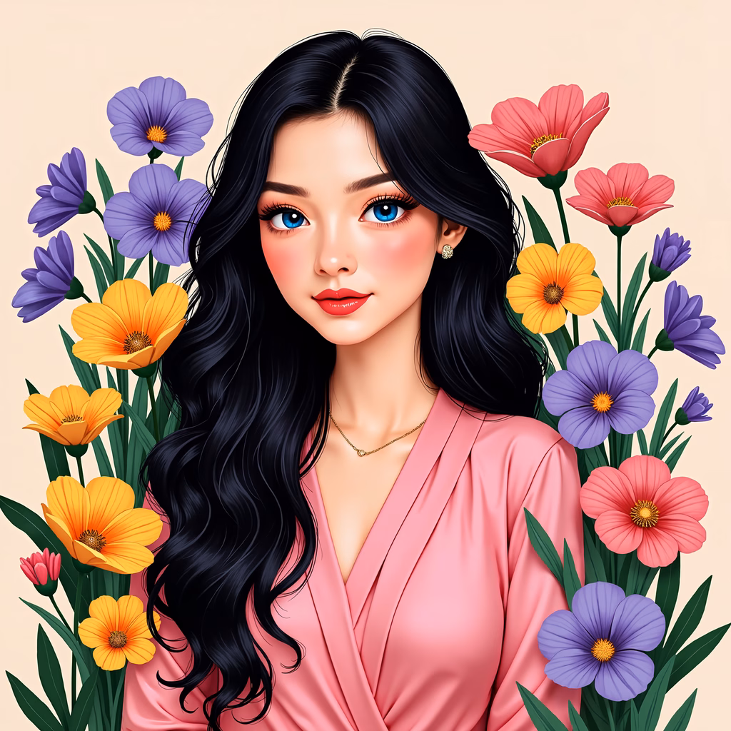 Vibrant floral portrait illustration featuring a young woman surrounded by colorful blooms.