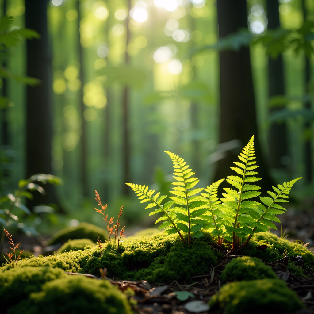 Vibrant green ferns in a serene forest setting, bathed in natural light.