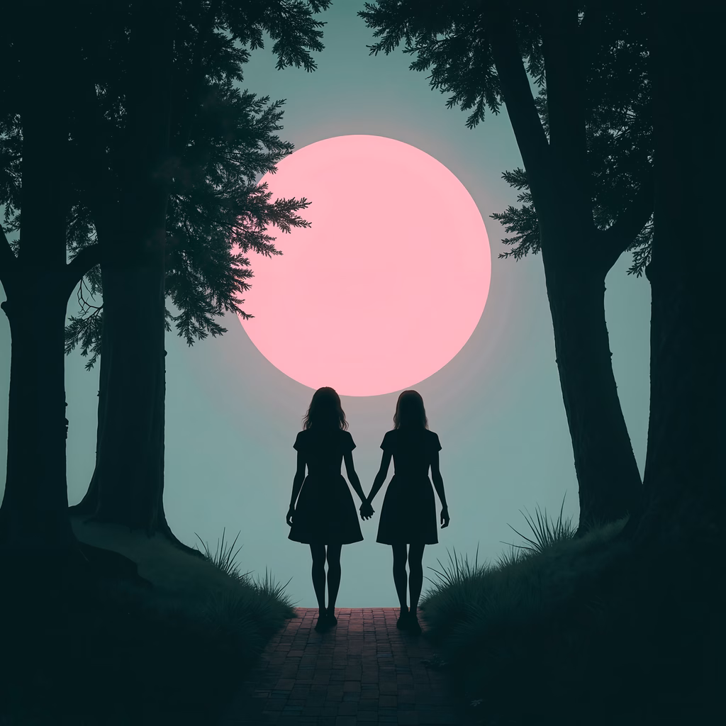 Two figures holding hands on a brick path under a pink sunset in a forest.
