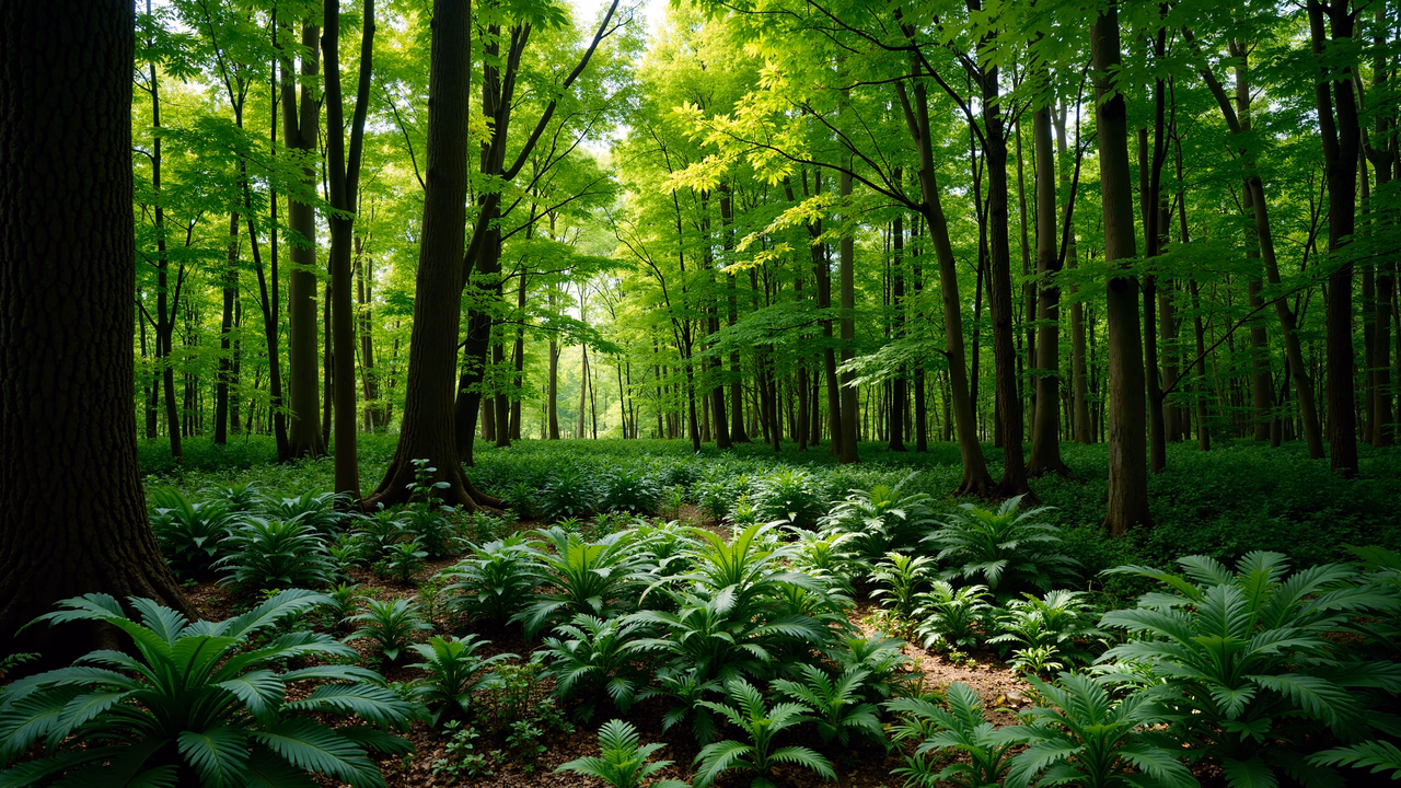 A tranquil forest scene filled with lush greenery and dappled sunlight.