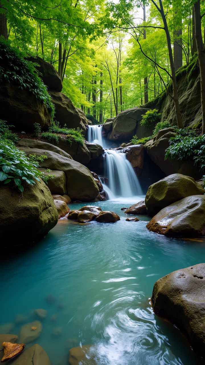 A peaceful forest stream with vibrant greenery and smooth rocks.