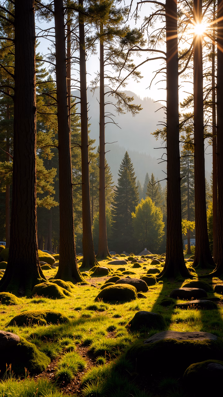 Golden sunlight illuminates a tranquil forest scene with moss-covered rocks and lush grass.