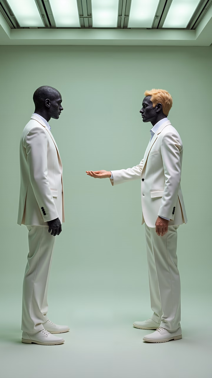 Two formally dressed figures in a minimalist setting, symbolizing elegance and interaction.