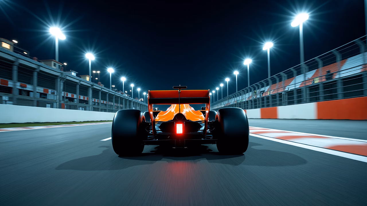 Formula One race car speeding at night under bright stadium lights.